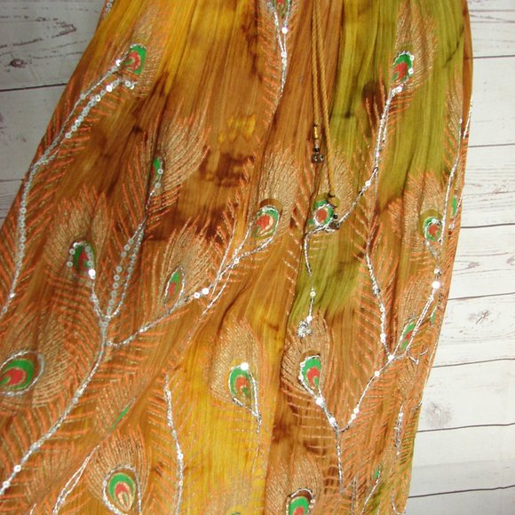 Brown Green Orange Yellow Sequin Peacock Skirt - Picture 5 of 16